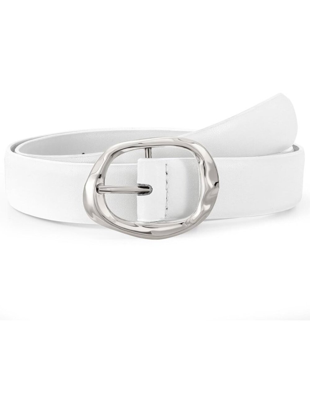 Women's Silver White Faux Leather Casual Waist Stylish Fashion Belt Gold Buckle